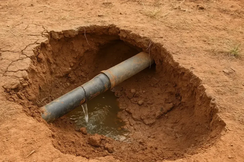 A broken gray water pipe leaks into an excavated pit in dry, sandy ground. The surrounding arid terrain shows sparse dried vegetation on reddish-brown soil.