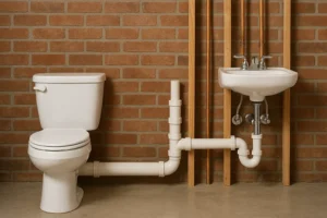 Toilet and sink with exposed PVC vent pipes in a basement bathroom