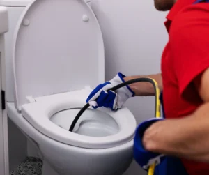 plumber unclogging blocked toilet with hydro jetting at home bathroom