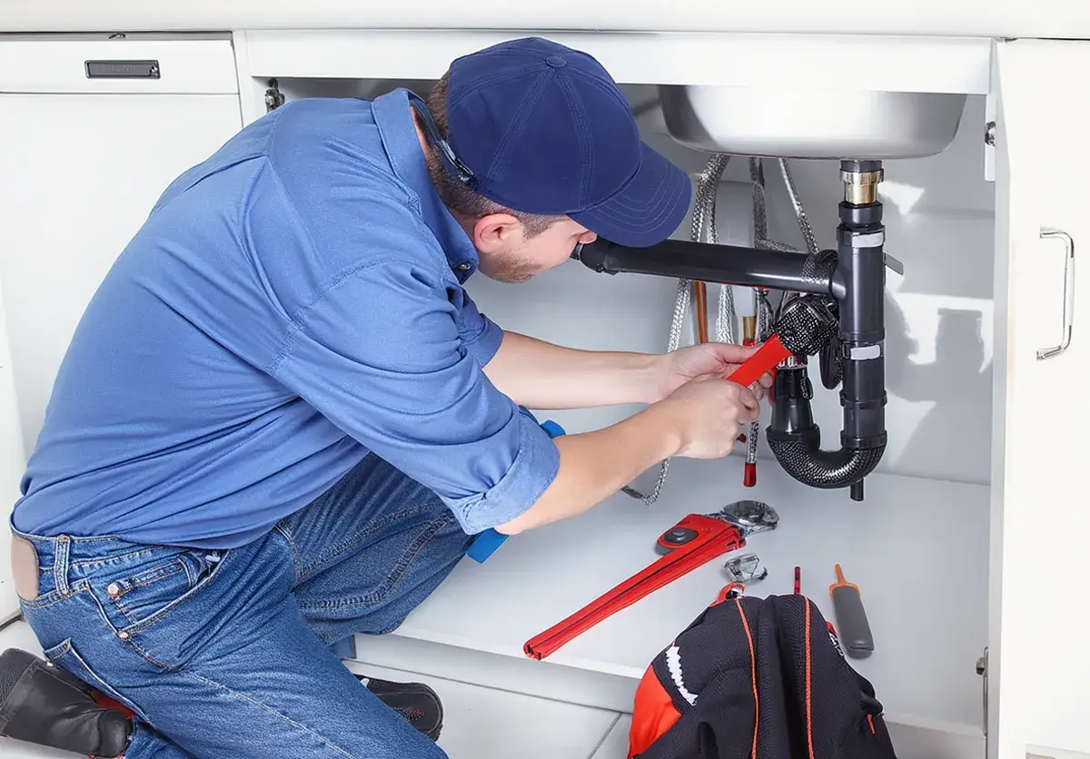 Plumber fixing sink under cabinet