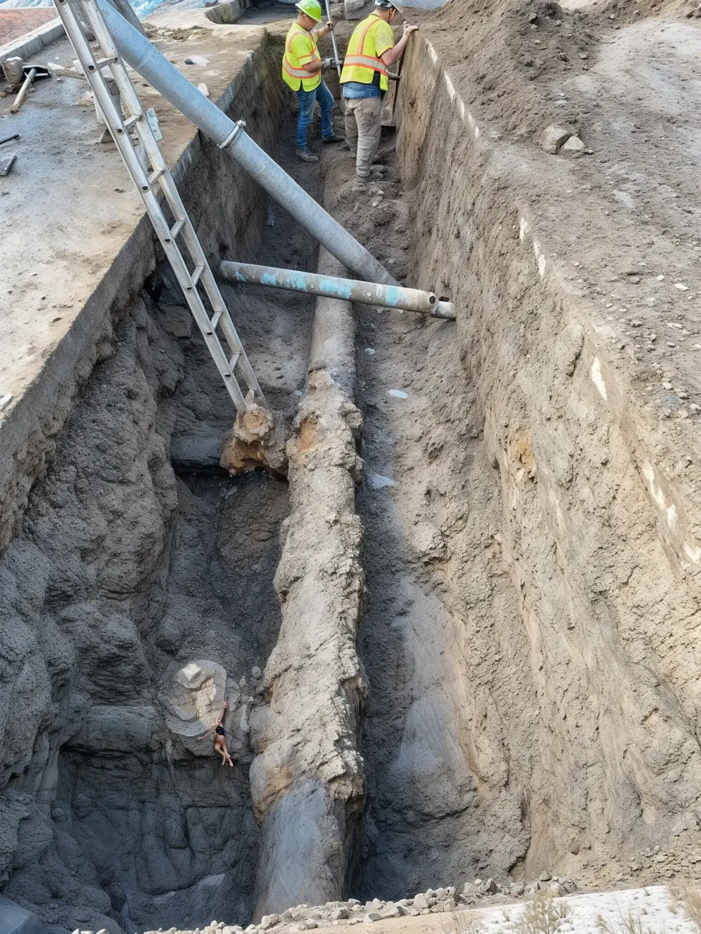 Exposed underground commercial pipelines in an excavation trench with a plumbing worker on-site.