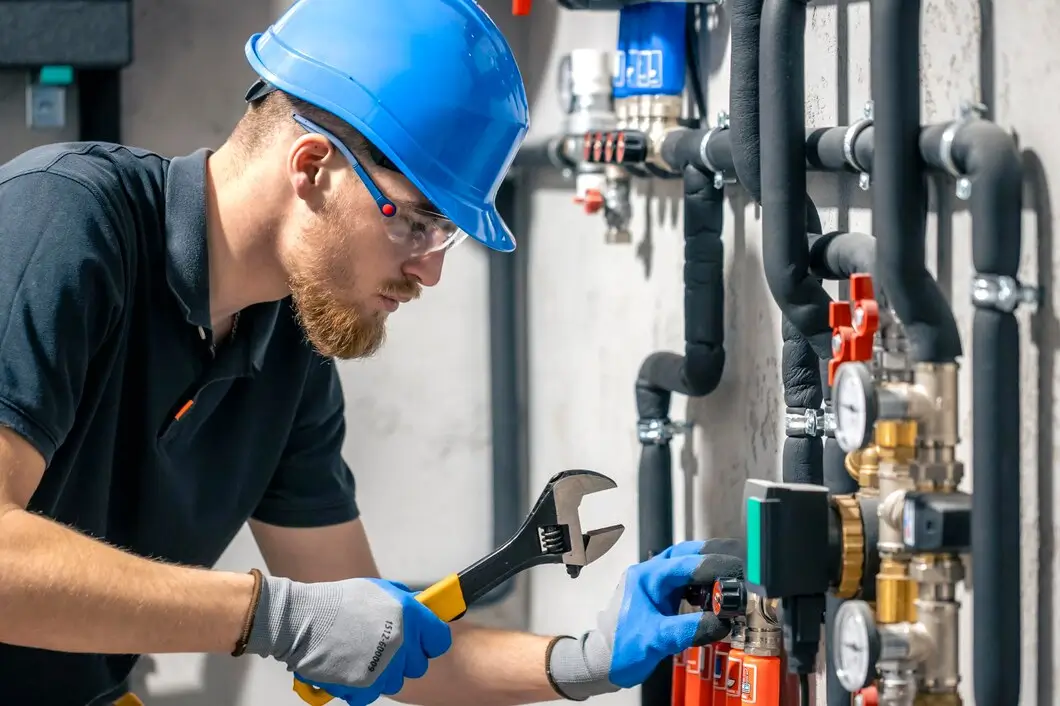 Plumber adjusting pipes and valves.