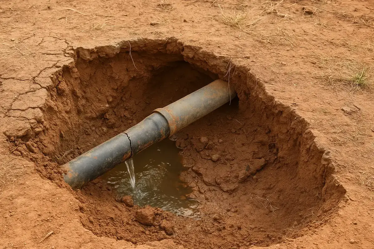 A broken gray water pipe leaks into an excavated pit in dry, sandy ground. The surrounding arid terrain shows sparse dried vegetation on reddish-brown soil.