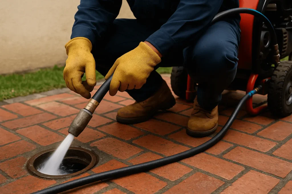 Worker performing hydrojetting on an outdoor drain using a high-pressure water hose, with gloves and protective equipment.