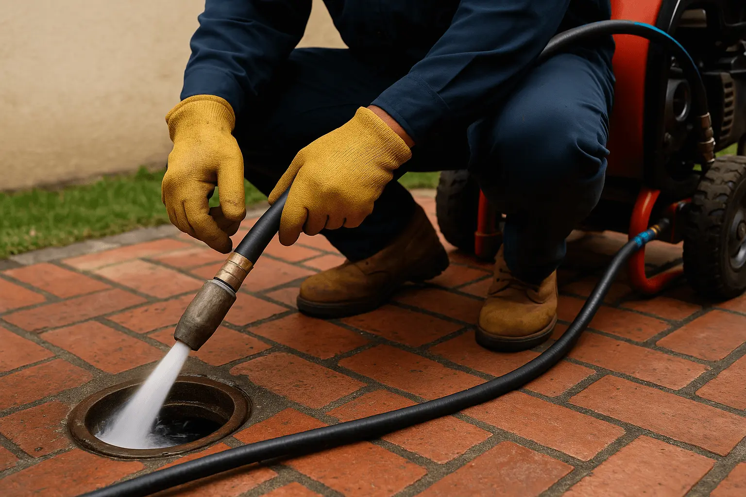 Worker performing Hydro Jetting San Diego on an outdoor drain using a high-pressure water hose, with gloves and protective equipment.