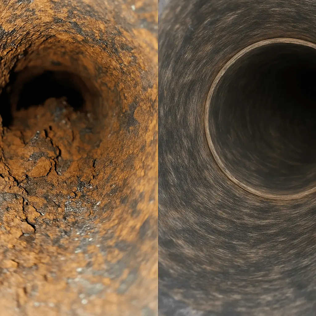 Side-by-side close-up images of a corroded pipe interior before cleaning and a smooth, restored pipe after hydrojetting service.