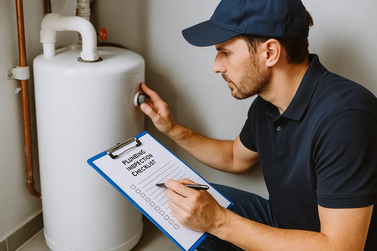 Plumber inspecting a water heater with a plumbing inspection checklist