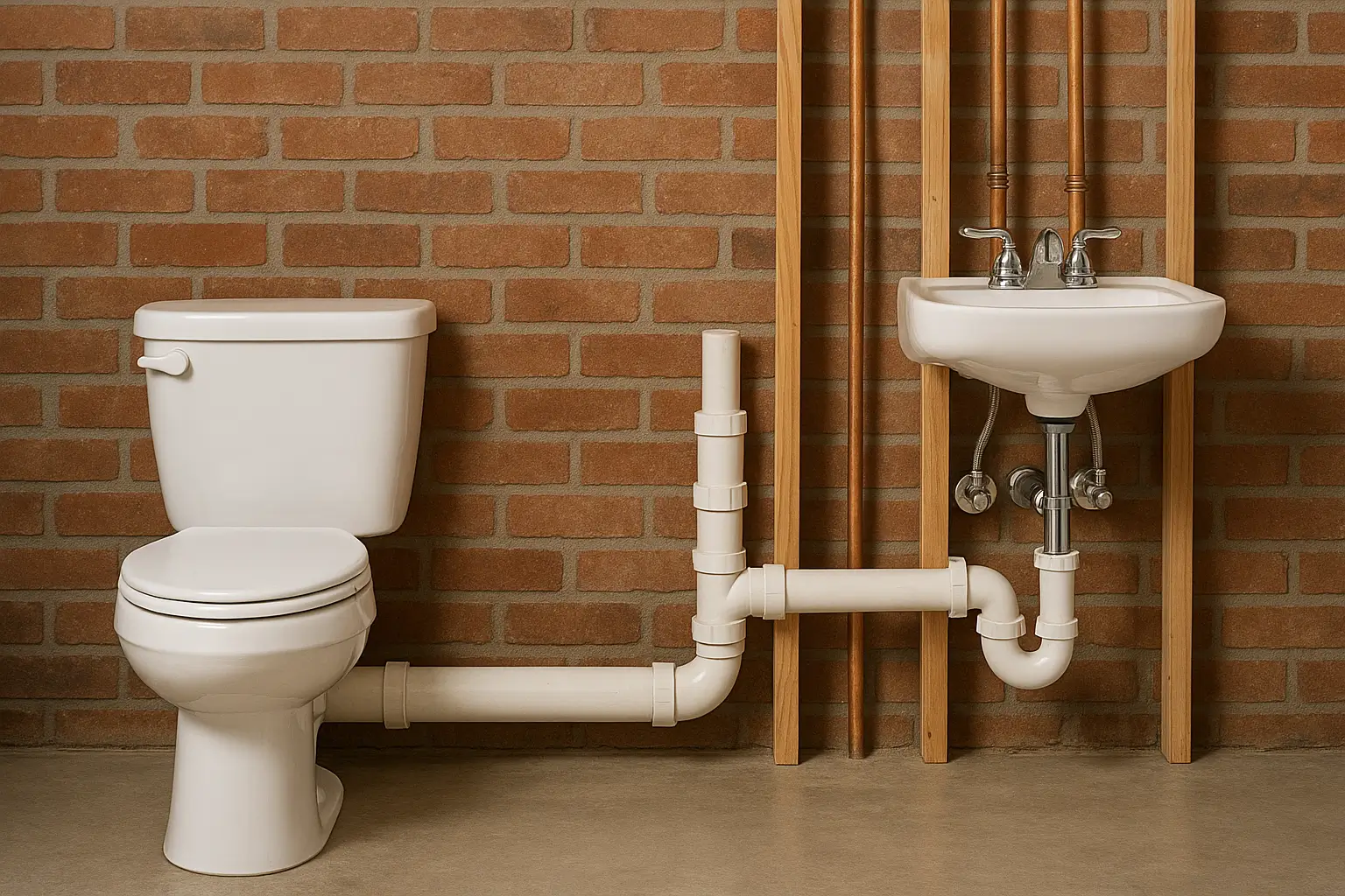 Toilet and sink with exposed PVC vent pipes in a basement bathroom
