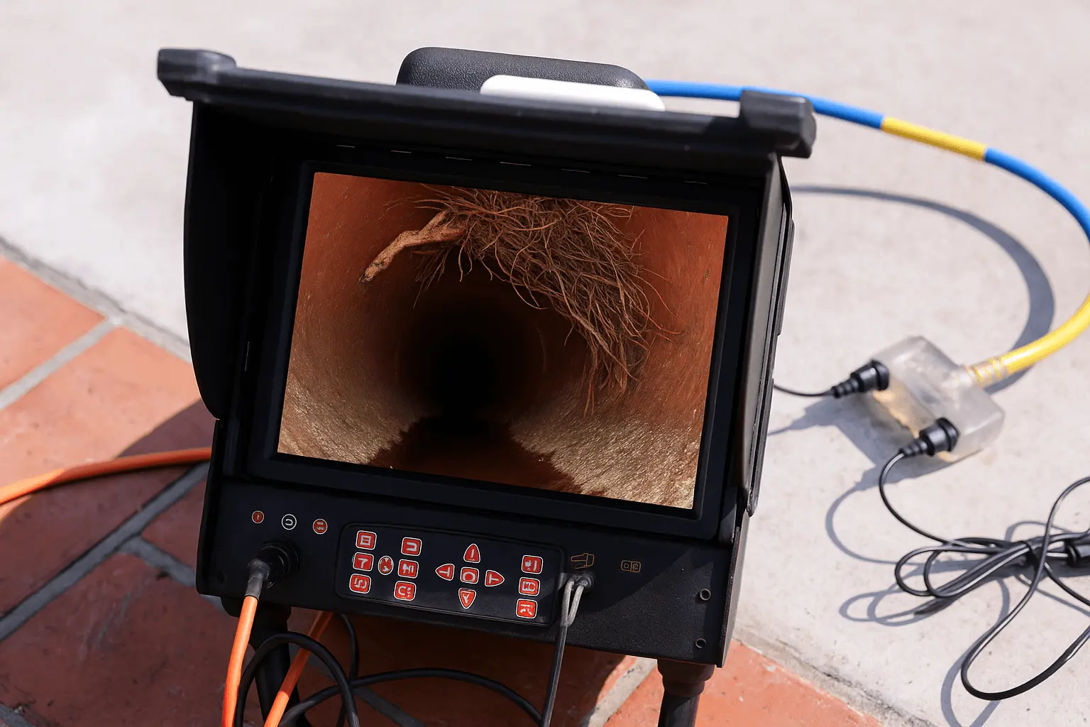 Sewer inspection monitor displaying a live feed of tree roots invading a pipe during a drain line camera inspection.
