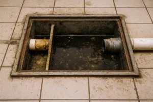 open floor grease trap filled with dirty water and grease buildup