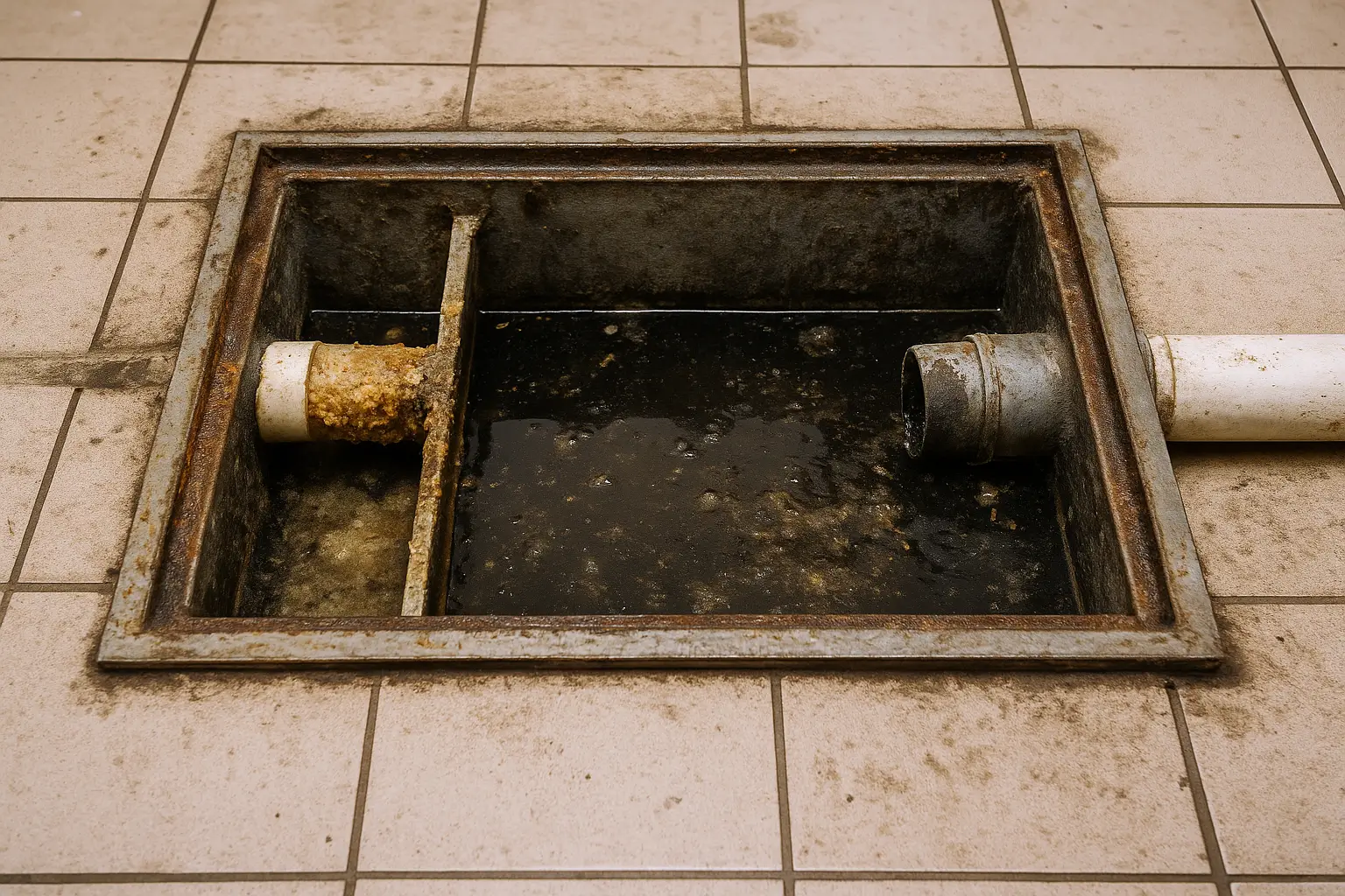 open floor grease trap filled with dirty water and grease buildup