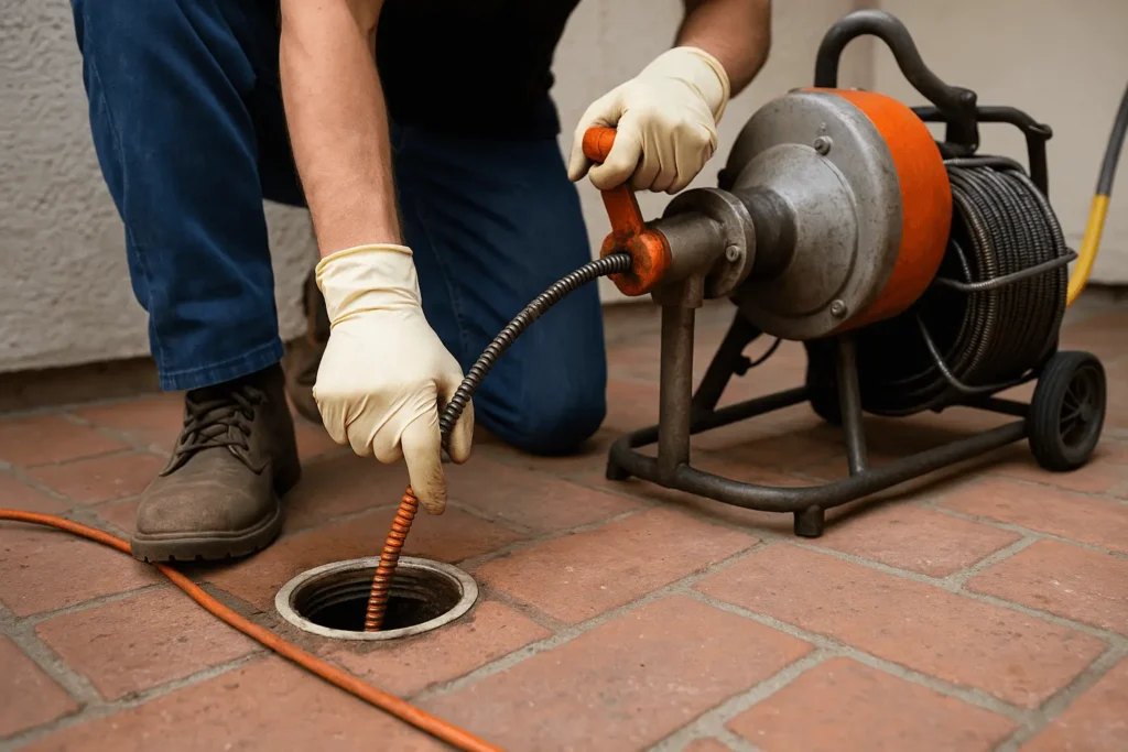 Plumber using a drain cleaning machine to clear a blocked outdoor drain, with gloves, boots, and tools visible on a brick patio.