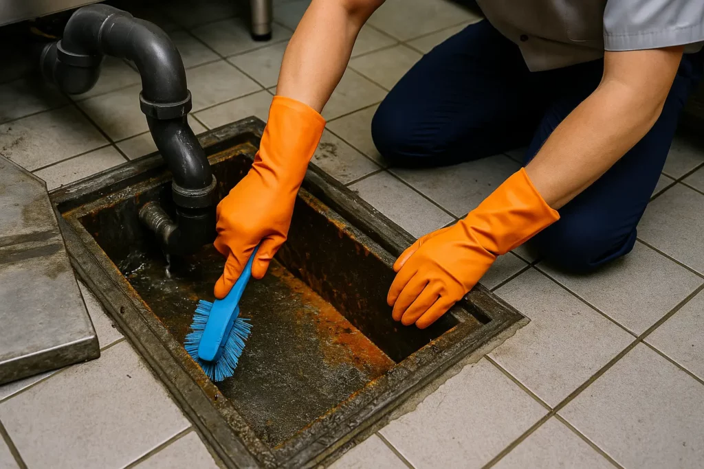 Worker wearing orange gloves performing kitchen plumbing maintenance