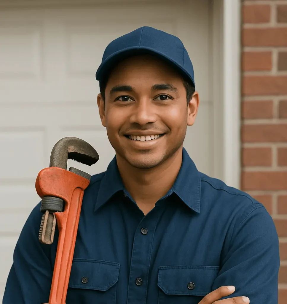 A smiling plumber in a navy blue uniform holds a large orange pipe wrench across his chest, standing outside near a white garage door.