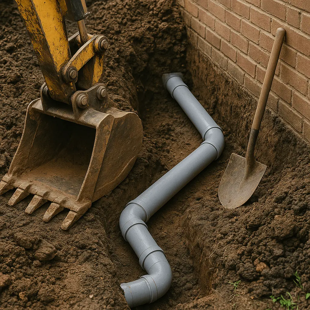 Plumbing excavation scene showing a trench dug alongside a brick wall with gray PVC pipes being installed.