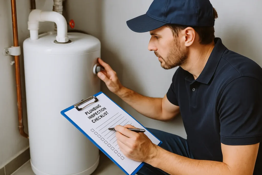 Plumber inspecting a water heater with a plumbing inspection checklist