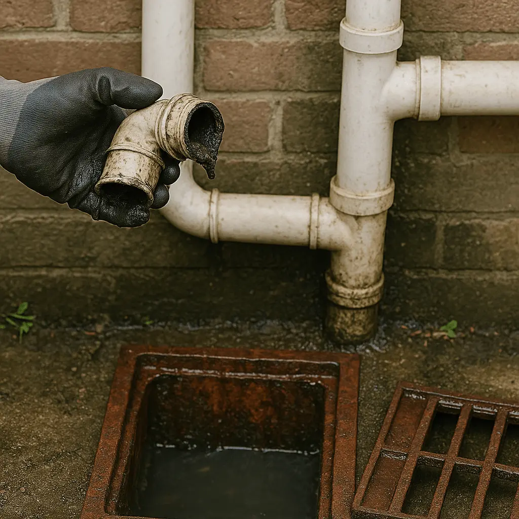 Close-up view of a dirty outdoor drainage pipe being inspected during a plumbing repair.