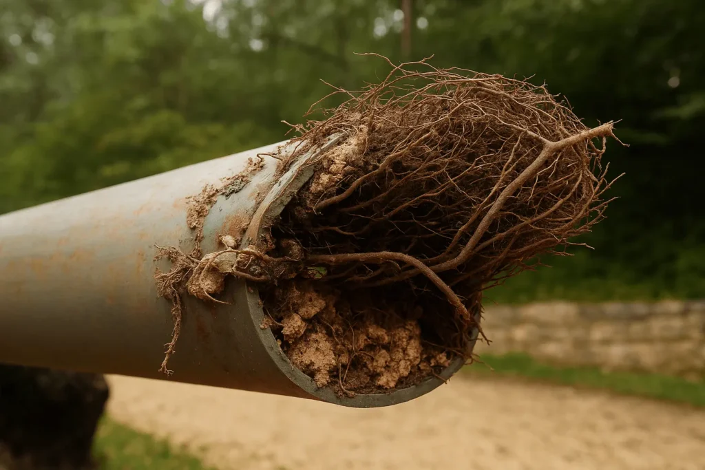 A close-up view of a rusted outdoor pipe clogged with thick tree roots and soil