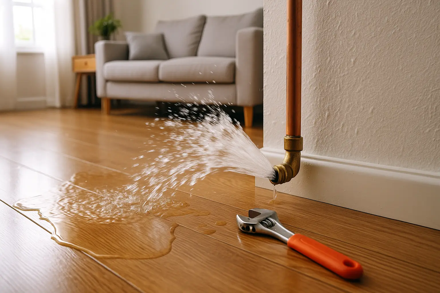 Water spraying from a burst pipe onto hardwood floor with a wrench nearby