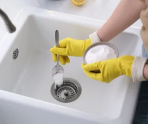 Woman Using Baking Soda to Unclog Sink Drain, Closeup