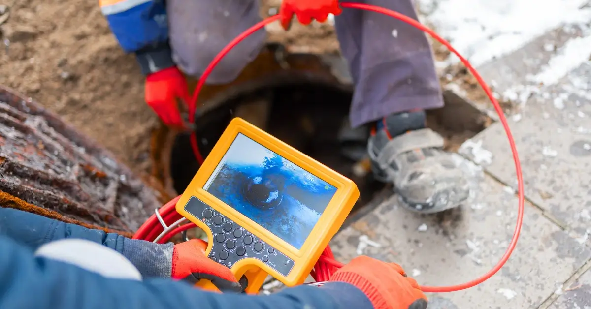 Plumbing technician using sewer camera inspection equipment to inspect a drain line