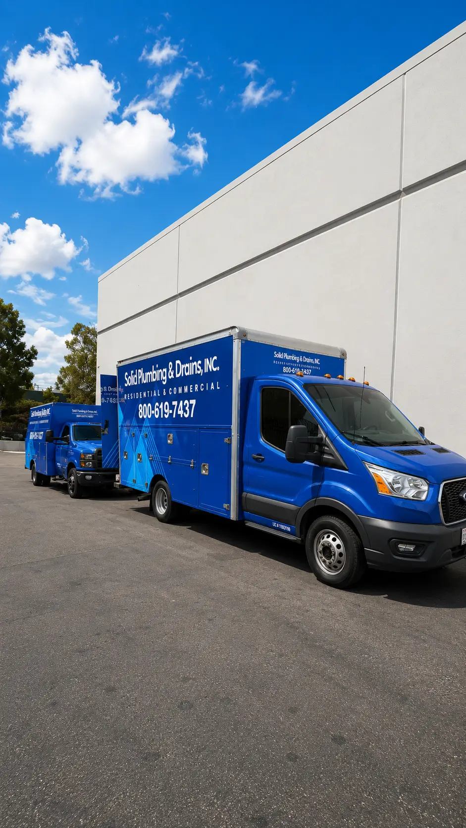 Solid Plumbing & Drains service trucks outside a San Diego property