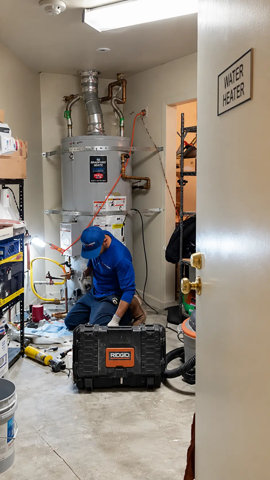 Professional plumber working on a tank-style gas water heater in a utility room with plumbing tools and repair equipment.